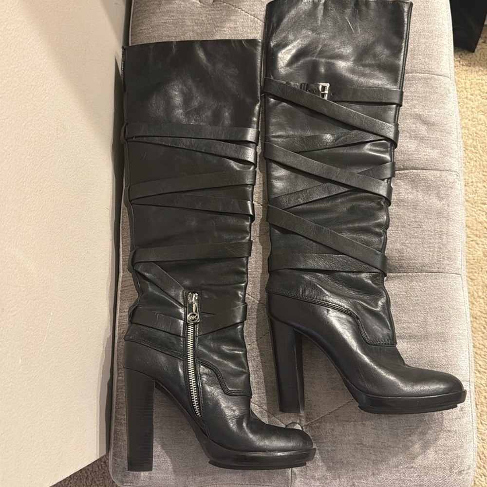 Vintage Michael Kors Greenwich Belted Leather Stacked Heal Platform Knee High